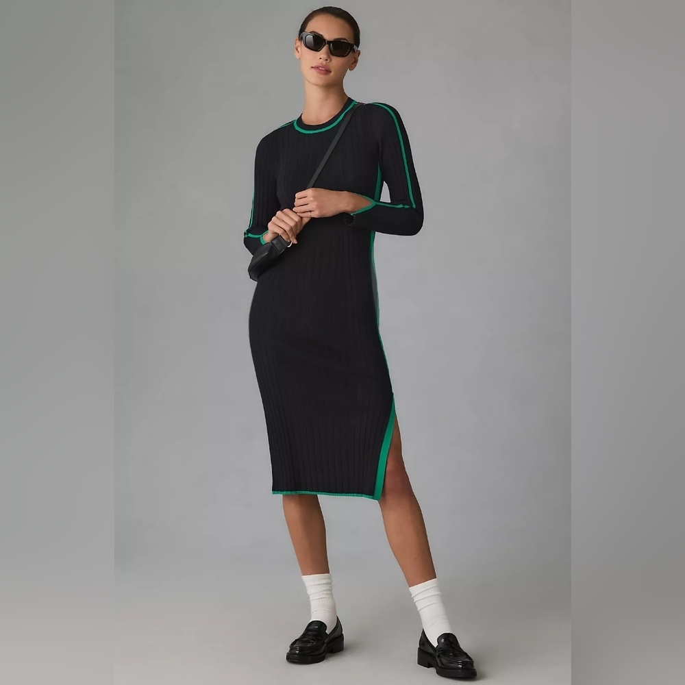 Anthropologie Black Long-Sleeve Ribbed Midi Dress with Green Trim